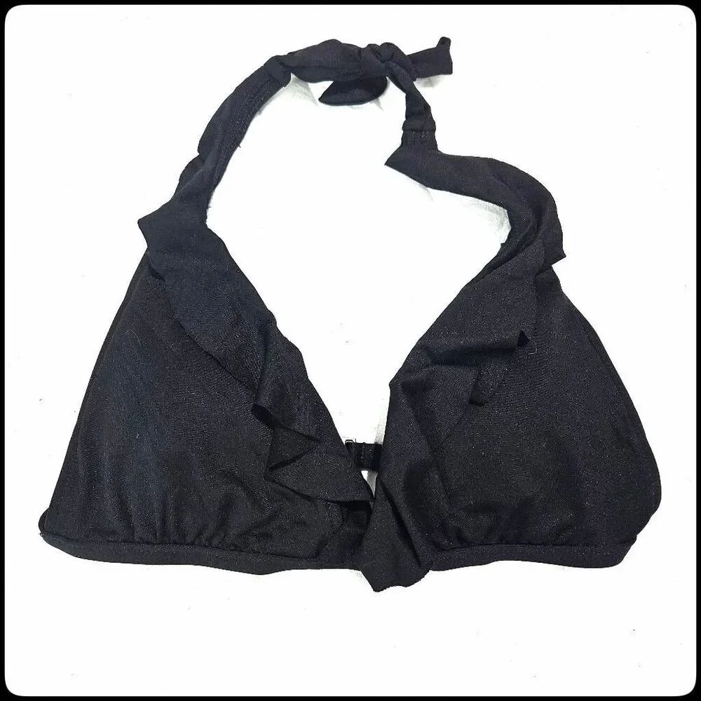 POLO RALPH LAUREN Bikini Top Extra Solid Black Ruffle Halter Tie X-Small